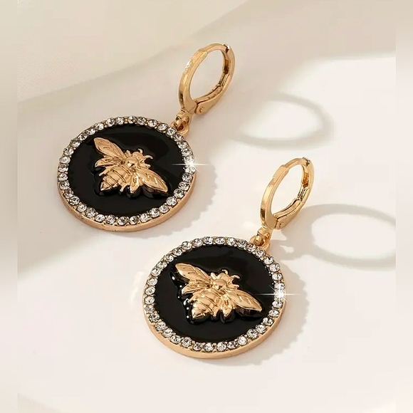 Black, Gold & Bling Bee Dangle Earrings - Picture 4 of 4